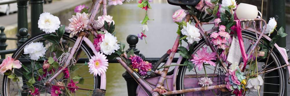 Bike on Amsterdam canal, decorated with pink flowers
