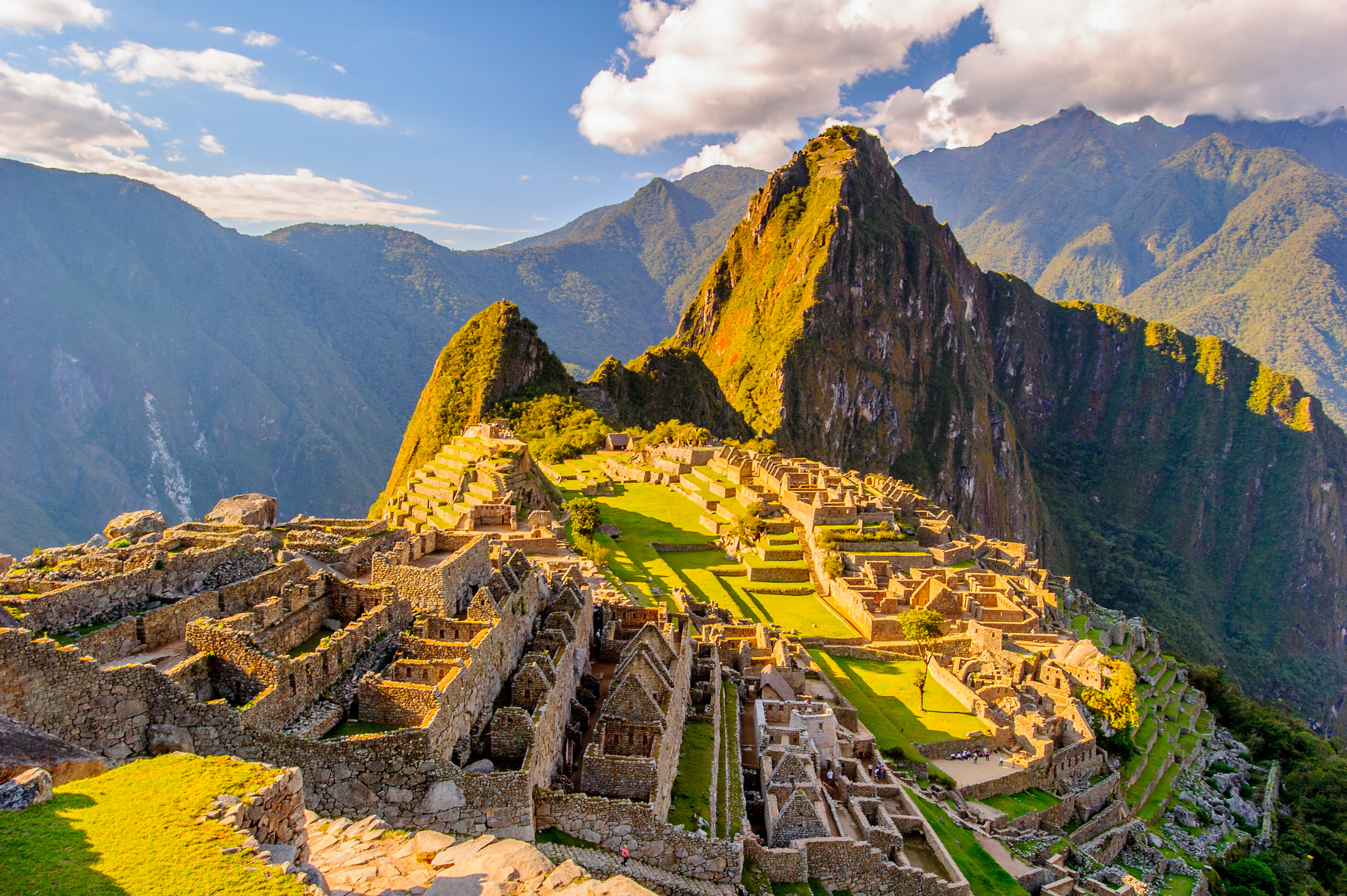 Aerial view of Machu Picchu at golden hour