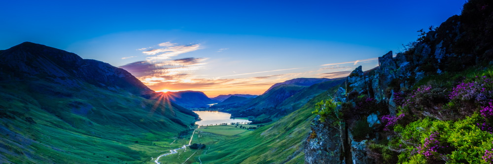 photo of a sunset view from one of the peaks in the lake district at night